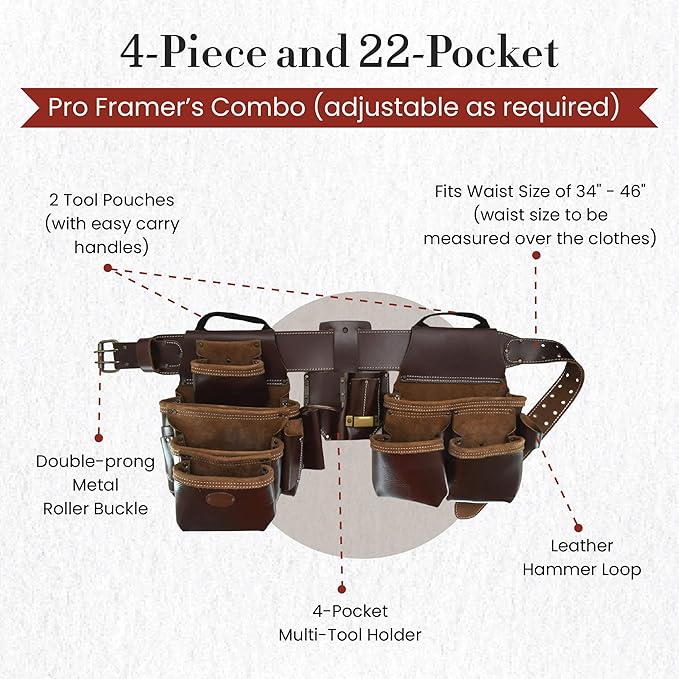 Style n Craft 4-Piece and 22-Pocket Pro Framer’s Combo, Tool Belt with 2 Tool Pouches, a 4-Pocket Multi-Tool Holder, and 1 Leather Hammer Loop, Full-Grain Leather Carpenter Tool Belt, Dark Tan (98454)