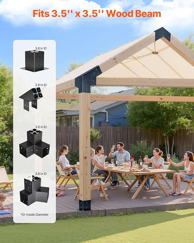 VEVOR Pergola Kit, 4x4 Inch Pointed-Roof Pergola Brackets for 3.5x3.5 in Lumbers in Actual Size, 3-Way / 4-Way Gazebo Bracket with Post Bases & Ridge Brackets for Outdoor Pergolas Gazebo Shed, 14 Pcs