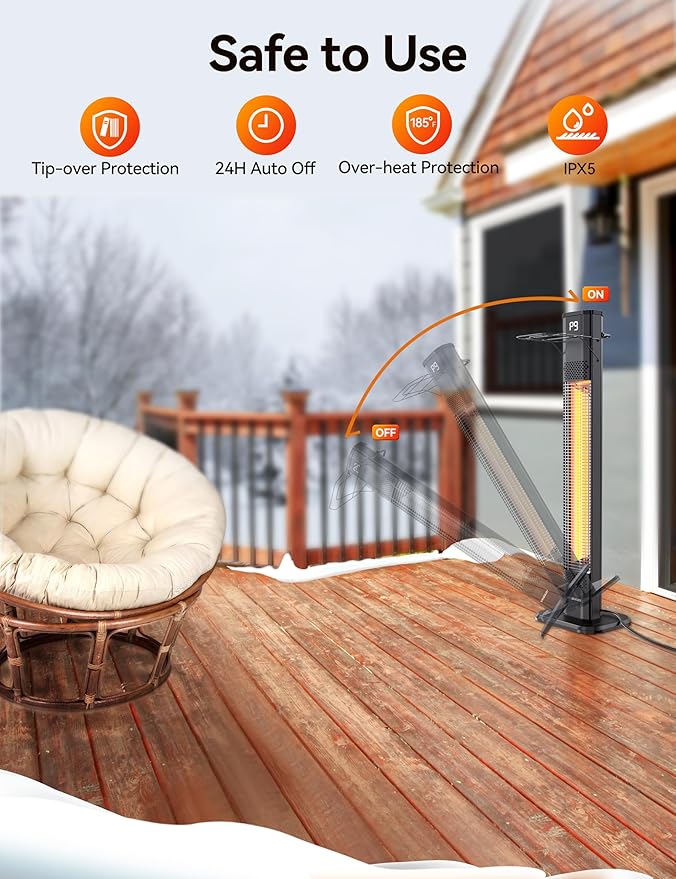 VAGKRI Outdoor Heater, 1s Instant Heating 42in Infrared Patio Heaters, 9 Heat Levels, 24H Timer, IPX5 Waterproof Electric Patio Heaters for Garden, Deck, Restaurant, Garage, Indoor & Outdoor Use