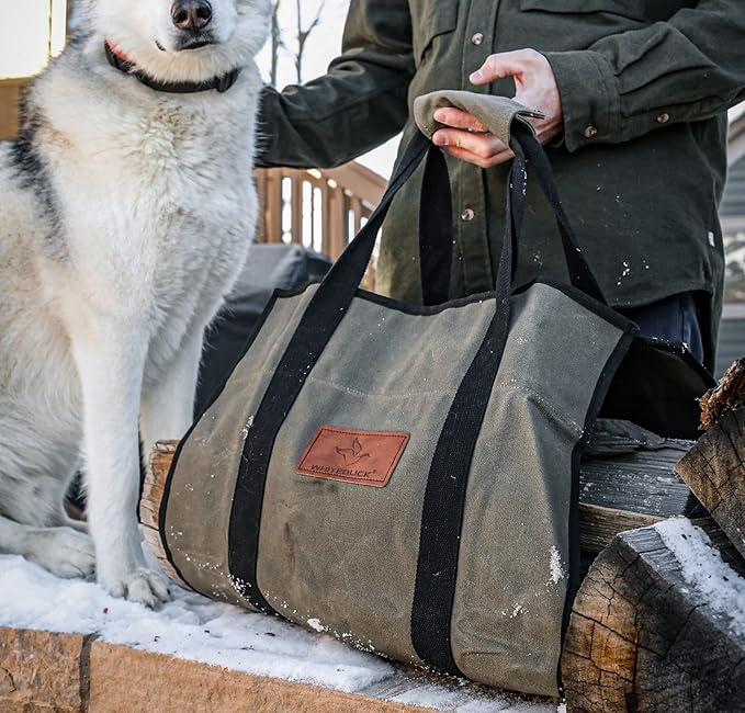 WHITEDUCK TUFF Large Firewood Carrier 21 Oz. Heavy Duty Waxed Canvas Log Carrier Holder for Fireplace, Carrying Wood Indoor & Outdoor (Olive, Rectangle (39"x18"))