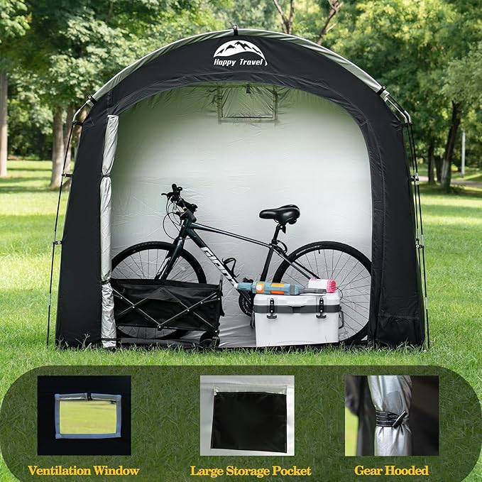 Happy Travel Bike Storage Shed Tent, Waterproof Portable Bicycle Cover with 30% More Top Storage Space for 2/3/4/5 Bikes,Clips Easy Setup Outdoor Sheds Shelter for Motorcycle, Garden Tools, Lawn Mower
