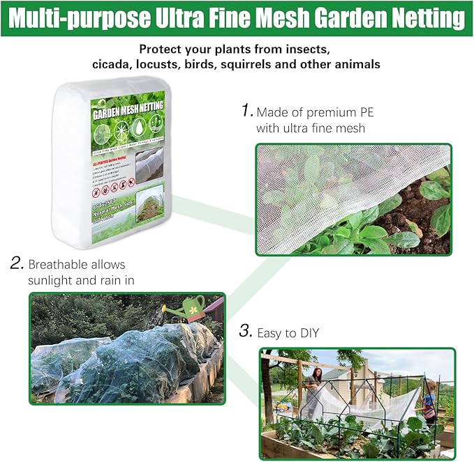 SnugNiture 3 Pack Garden Netting 8x25FT Ultra Fine Mesh Mosquito Netting Plant Covers, White Bird Netting Barrier Greenhouse Row Cover Protect Fruits Flower Vegetables from Birds Deer & Squirrels