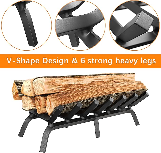 Mr IRONSTONE Fireplace Grate 30 inch Solid Steel Heavy Duty Firewood Log Burning Rack Fire Grates for Outdoor Kindling Tools Pit Indoor Fireplace Log Holder Wrought Iron Wood Stove