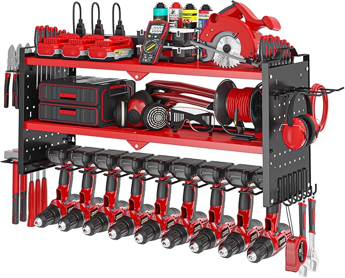 Power Tool Organizer Wall Mount with 9 Drill Holder, Cordless Tool Organizer and Storage Rack, Garage Heavy Duty Metal Shelf Organization for Battery, Tool Box, Hammer, Screwdriver（Red）