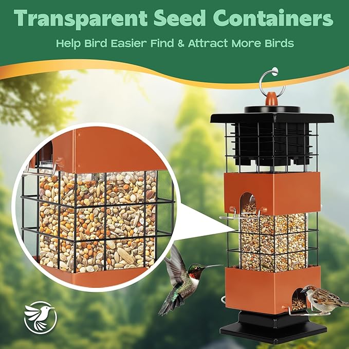 Metal Squirrel Proof Bird Feeder for Outdoors, 2.5LB Hanging Wild Bird Feeder, Weight Activated Mechanism, Weatherproof and Rust-Resistant, Ideal for Cardinals, Finches, and Songbirds