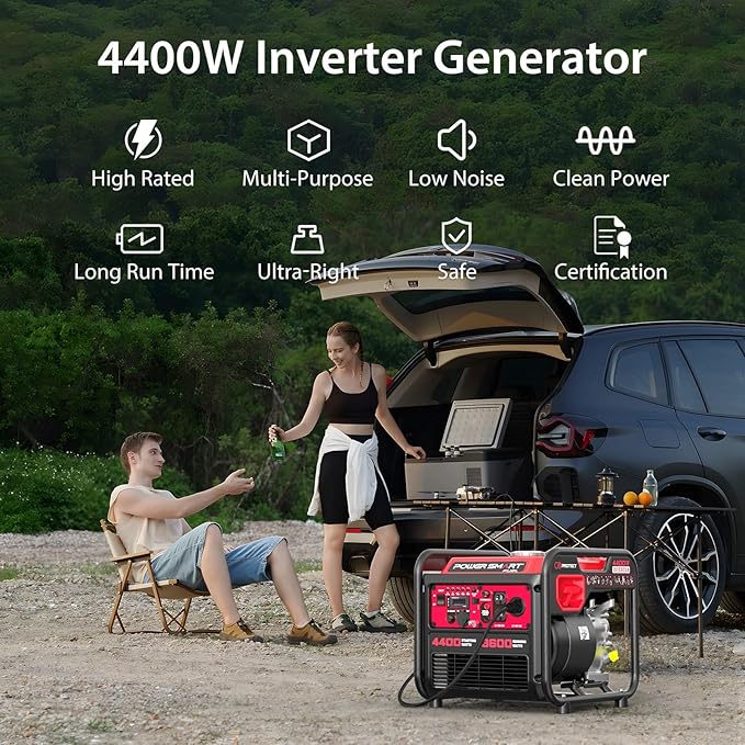 PowerSmart 4400-Watt Portable Inverter Generator, Gas Powered, CO-Sensor, Lightweight & Quiet for Home Use and Emergency Backup, Camping, EPA Compliant