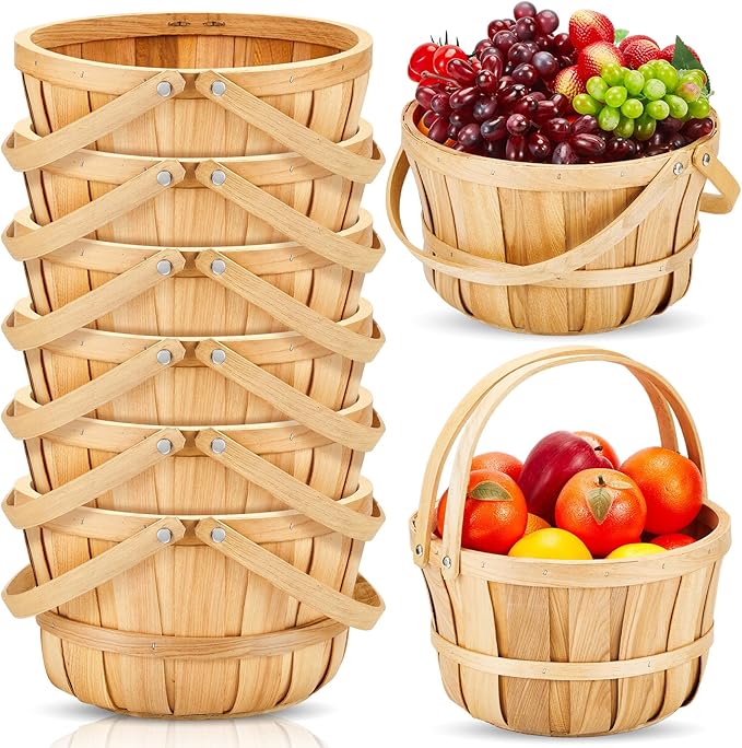 Marsui 6 Pcs Large Wooden Bushel Baskets 11 x 6.5'' Wicker Berry Apple Fruit Bushel Baskets with Handle for Autumn Harvest Garden Storage Farmers Personal or Commercial Use