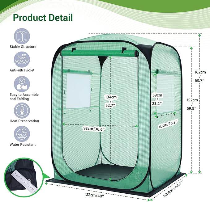 Ohuhu Pop Up Greenhouse for Outdoors, Portable Walk-in Mini Green House with Removable PE Mat & Mesh Window Fast Set-up GreenHouses for Indoor Outside Protecting Plant from Cold Frost & Birds