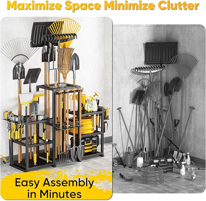 42" H Large Garden Tool Organizer, Holds Up to 86 Tools, Heavy Duty Yard Tool Organizer for Garage, 61“ Wide Lawn Freestanding Tool Storage Rack for Outdoor Shed Tool Rake, Shovel, Brooms