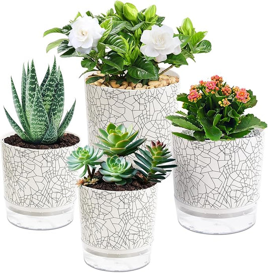 Self Watering Pots for Indoor Plants, 5 & 4 Inch Stylish Flower Pots, Set of 4 Modern Planters with Self Watering Plant Feature (Crack Texture)
