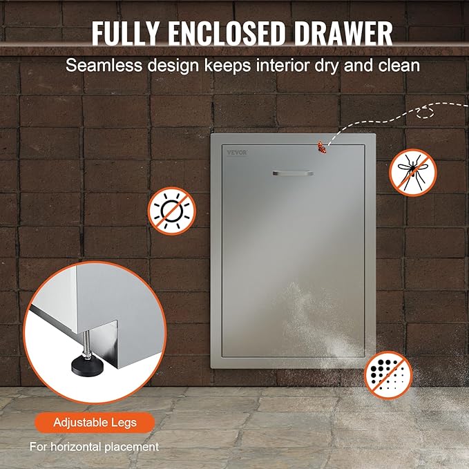 VEVOR Pull Out Trash Drawer 17.7x22.8 Inch Raised Style Trash Bin with Pull-Out Tray Stainless Steel Trash Drawer with Handle for Outdoor Kitchen BBQ Island, Trash Can NOT Included