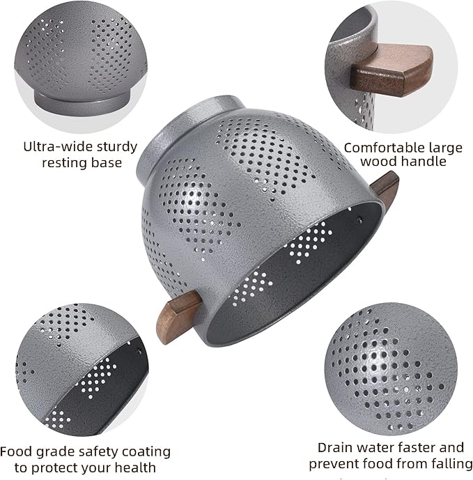 Metal Colander with Wood Handle and Stable Base, Powder Coated Steel Kitchen Strainer Basket for Draining Pasta, Vegetable and fruit(5.5quart,Greyhammertone)