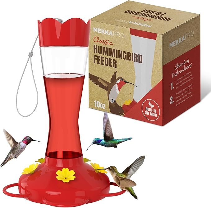 MEKKAPRO Outdoor Hummingbird Feeder Made from Glass, Humming Bird Feeders for Outdoors Hanging Ant and Bee Proof with 5 Nectar Feeding Stations, Bright Red, Backyard Feeder (10 Ounces)
