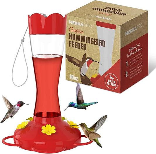 MEKKAPRO Outdoor Hummingbird Feeder Made from Glass, Humming Bird Feeders for Outdoors Hanging Ant and Bee Proof with 5 Nectar Feeding Stations, Bright Red, Backyard Feeder (10 Ounces)
