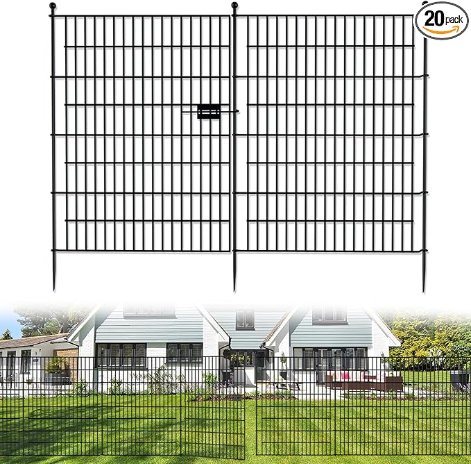 20 Panels No Dig Decorative Outdoor Garden Fence for Yard with Gate, 40 in(H) X 47.2 ft(L) Animal Barrier Fencing Rustproof Metal Wire Panel Border for Dog, Rabbits, and Patio Temporary Ground Stakes