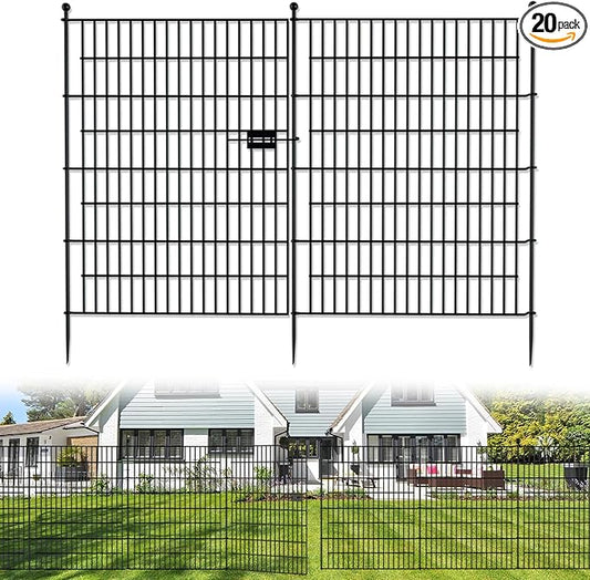 20 Panels No Dig Decorative Outdoor Garden Fence for Yard with Gate, 40 in(H) X 47.2 ft(L) Animal Barrier Fencing Rustproof Metal Wire Panel Border for Dog, Rabbits, and Patio Temporary Ground Stakes