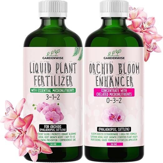 Orchid Fertilizer – Complete Orchid Plant Food Set 3-1-2 & 0-3-2 Liquid Fertilizers for Blooming, Root Growth – Optimal Orchids Care (2 x 32 OZ Bottles)