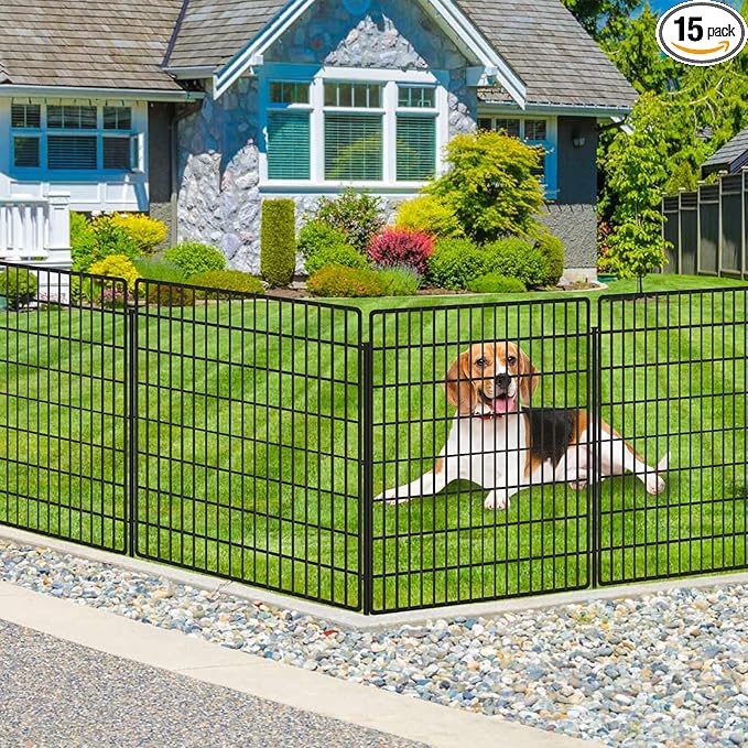 15 Panels Dog Fence Outdoor for Yard, 33 in(H) X 36 ft(L) Decorative Garden Fence Rustproof No Dig Animal Barrier Fencing Metal Wire Panel Border Patio Rabbits Ground Stakes Fencing