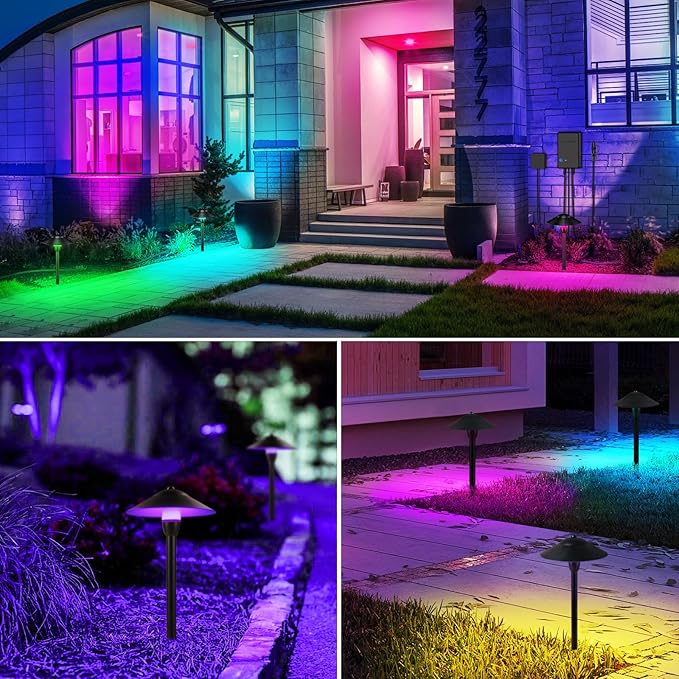 SUNVIE All-in-One RGBW Landscape Lighting Kit, 8 Pack Color Changing Low Voltage Landscape Lights with Connector Transformer 100FT Wire, 3W Multi-Color Pathway Lights for Holiday Walkway Garden Yard