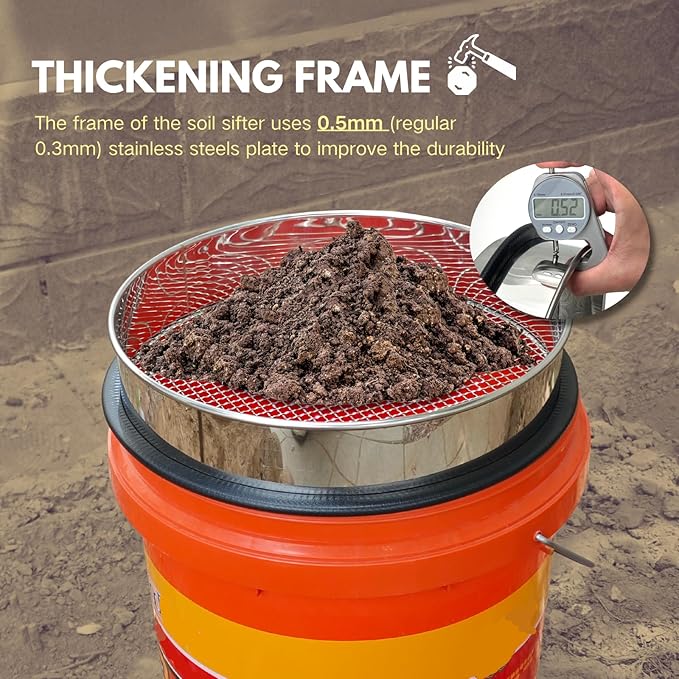 Upgraded Thickened Soil Sifter, 1/4'' Stainsteel Steel Rock Dirt Sifter for 5 Gallon Bucket, Soil Sifter Sieve for Gardening