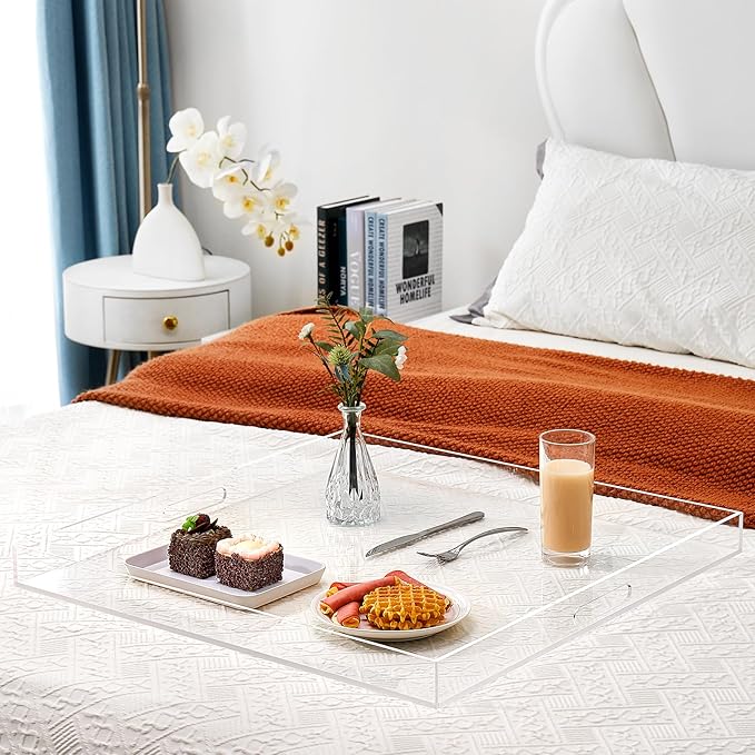 22×22 inches Oversized Clear Acrylic Ottoman Tray Extra Large Decorative Tray Spill-Proof Serving Trays with Handles King-Size Safe Edge Organizer for Coffee Table Countertop Breakfast