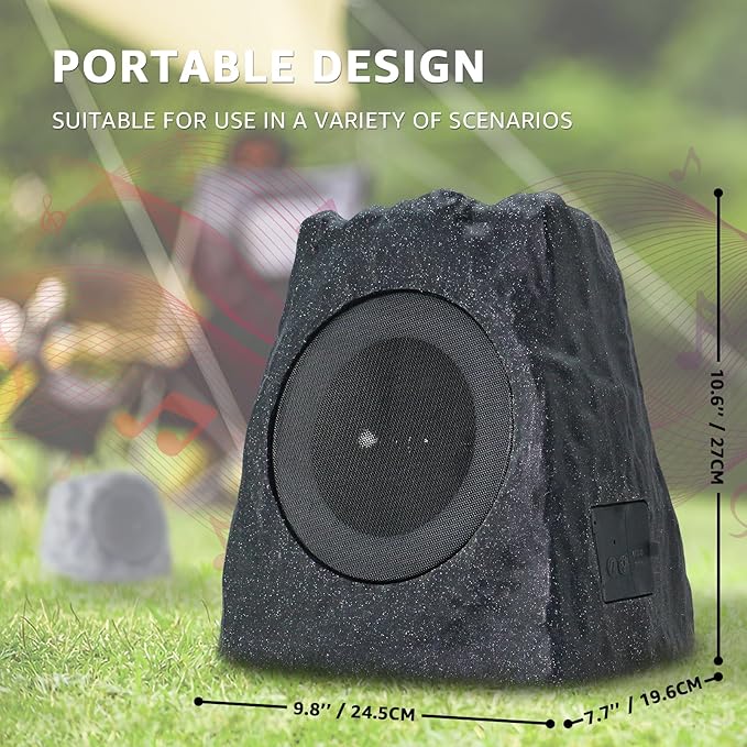 2-Pack Rock Speakers Outdoor Water-Resistant Solar Powered Patio Speaker with 3 Mode Lights and Pair System and USB Rechargeable for Pool Outside Garden Yard Deck