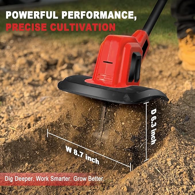 MaxMore Cordless Tiller Cultivator Compatible with Milwaukee 18V Battery (Tool Only), Electric Garden Rototiller with 48 Steel Tines, 270RPM, 8.7" Tilling Width, 6.3" Depth for Gardening, Soil Turning