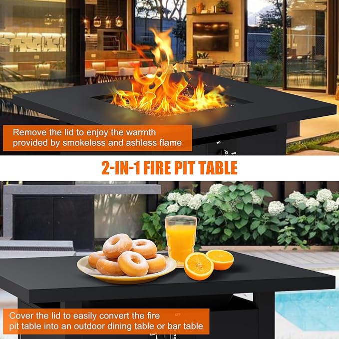Walsunny 28 inch Outdoor Propane Fire Pit 40,000 BTU Gas Fire Pit Table with Lid & Lava Rock, Waterproof Cover, Square Gas Firepit Table for Garden/Patio, CSA Certification