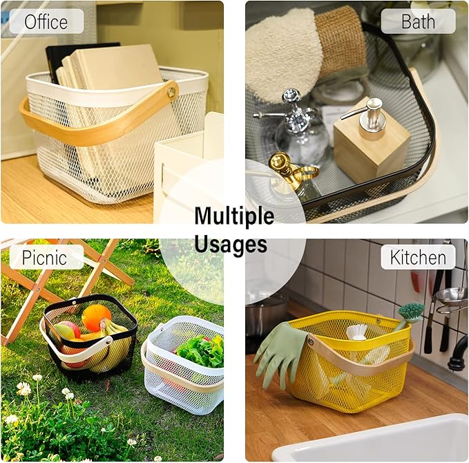 Metal Mesh Steel Harvest Basket, Square Wire Garden Basket with Handle – Multi-Functional Storage Organizer for Gathering Vegetables, Fruits, Kitchen, Garden, Picnic & Cabinet (Yellow)