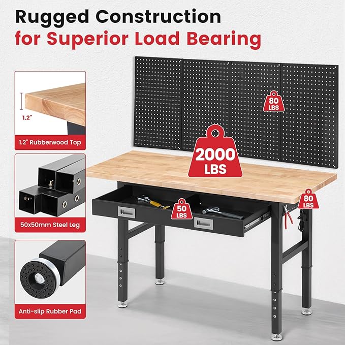 Work Bench for Garage with Drawers 60 x 22 Inch Heavy Duty Rubberwood Tabletop Work Table with Pegboard, Power Outlets Adjustable Workbench for Woodworking Shop, Home, Office, Electronic