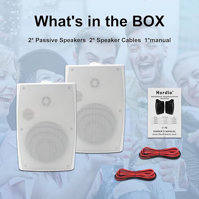 Herdio 400W 6.5 Inch Passive Outdoor Speakers Wired Waterproof,2 Way Wall Mounted Speakers with Powerful Bass for Patio Home Indoor Poolside Deck Backyard (Pair,White)