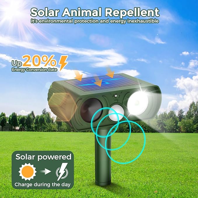 2PACK Solar Ultrasonic Animal Repellent Outdoor, Deer Repellent Devices Squirrel Cat Raccoon Rabbit Dog Deterrent, Keep Rodent Chipmunk Away Motion Detection with Flash Light for Yard Garden Lawn