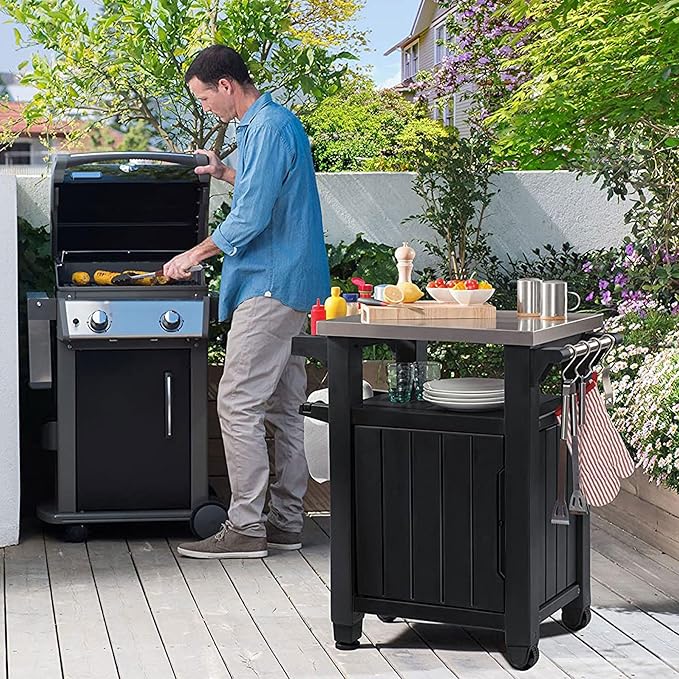 Keter Unity Small 40 Gallon Grill Prep Table and Storage Cart, Grey – BBQ Station with Wheels and Stainless Steel Top, Portable Serving Stand for Patio, Deck, and Backyard