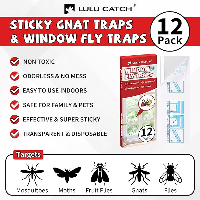 LULUCATCH Window Fly Traps, 12 Pack Fruit Fly Traps for Indoors, Sticky Gnat Traps Fly Catcher, Non-Toxic Flying Insect Trap, Pet Safe Pest Control for Home, Kitchen & Garage