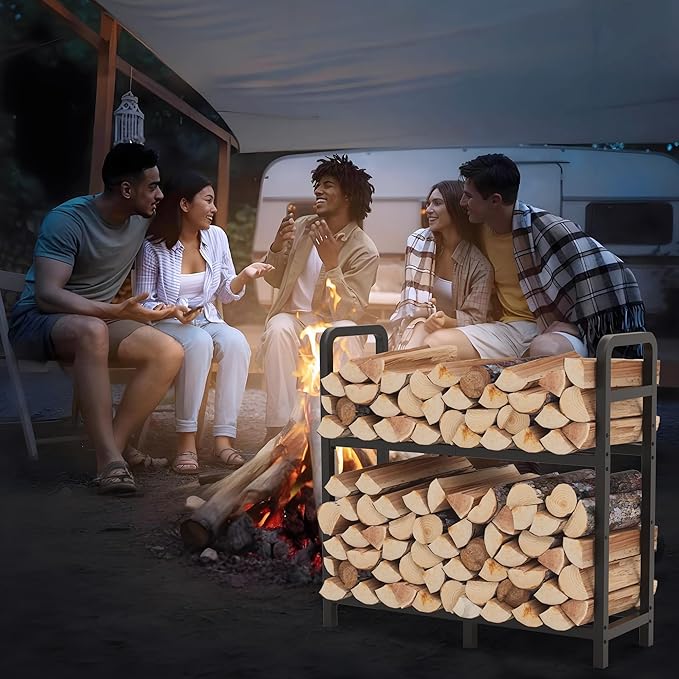 2-Tier Large Firewood Rack Outdoor Indoor with Log Carrier Bag, 30" Stable Log Holder Rustproof Metal Wood Rack for Fireplace Patio Deck Firepit, Heavy Duty Firewood Storage Organizer Tool