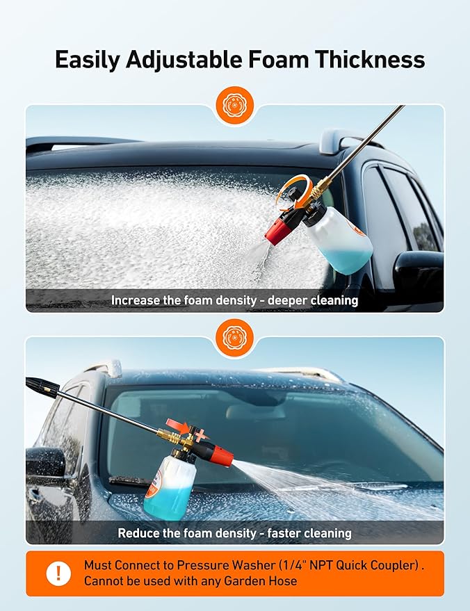 AstroAI Foam Cannon, Heavy Duty Car Foam Blaster Wide Neck Adjustable Snow Foam Lance and Thick Foam for Pressure Washer with 1/4" Quick Connector,1L Bottle