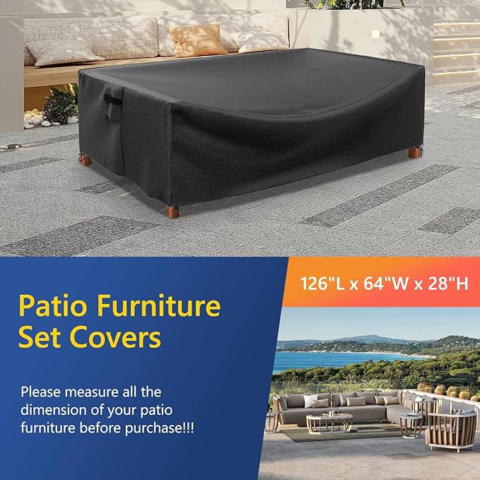 Patio Furniture Covers, Outdoor Furniture Cover Waterproof, 500D Heavy Duty, All Weather Protection Rectangular Patio Covers for Outdoor Furniture Set, 126"X64"X28"-Black