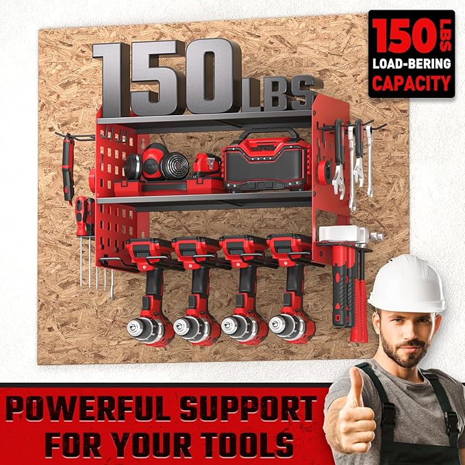 SPACECARE Power Tool Organizer, Drill Holder Wall Mount with 2 Side Pegboards with Hooks, 3 Layer Garage Organization Heavy Duty Tool Organizers Utility Rack for 4Drill Holders Red