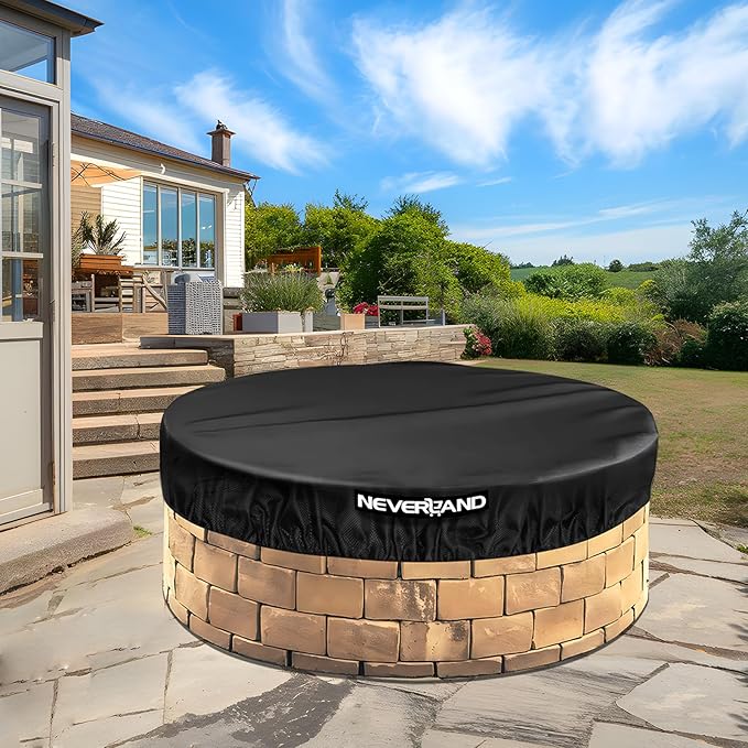 NEVERLAND Round Fire Pit Cover for In-Ground Fire Pits, 52-57 Inch Heavy Duty 600D Waterproof Outdoor Firepit Cover, Fits Built-In Stone Fire Pits, Black