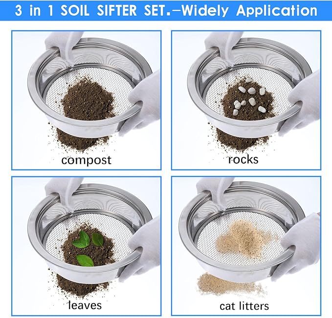 Soil Sieve Sifter Set, Stainless Steel, 3 Interchangeable Mesh Screens (3,6,9mm), Garden Sieve Set, Sifting Screen for Dirt, Sand, Rock, Compost, with Soil Scoops Gardening Tool
