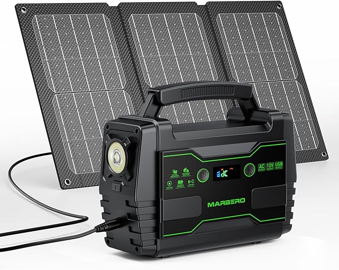 MARBERO Solar Powered Generator 155Wh with 30W Foldable Solar Panels 100W AC Output Lithium Battery Portable Power Station with AC DC and USB Outputs for Camping Emergency Home Backup Blackout Hiking