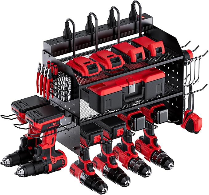 TRZZ Power Tool Organizer Wall Mount, 3-Layer Charging Station with 8 Outlets, 6 Drill Holders and Drill Bit Rack, Efficient and Organized Storage for Garage, Workbench, and Workshop (Black)