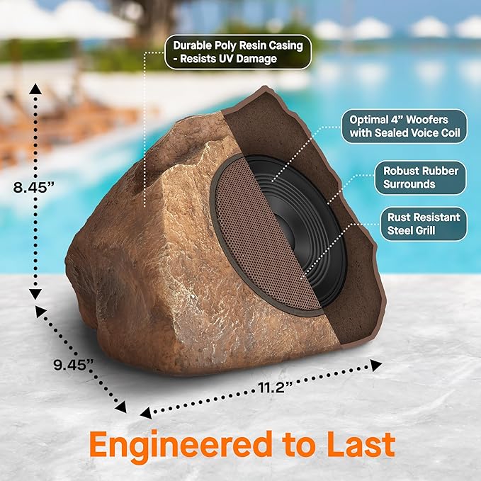 Homewell Outdoor Rock Speaker Solar-Powered Wireless Bluetooth 5.0 Portable Speaker Weatherproof for Patio, Pool, Deck, Yard, Garden and Home (Brown, 2-Pack)