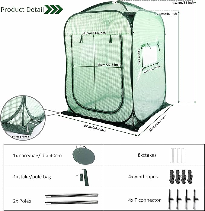 Porayhut Pop Up Greenhouse Tent,Portable X-Large Walk-in Flower House ,Indoor Outdoor Gardening Plant Sunshine Room with PE Mesh Cloth Cover for Protecting Plant from Cold Frost & Birds
