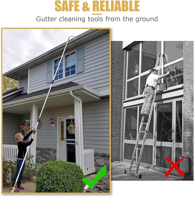 16ft (24ft Reach) Gutter Cleaning Tools from The Ground, Telescoping Rain Gutter Cleaner Tool, Gutters Cleaning Wand, Gutters Cleaning Hose Attachment & Connection Adapter