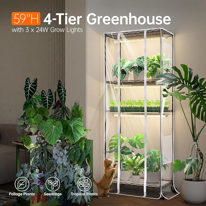 Indoor Greenhouse with Grow Light, Metal Plant Stand, 3 Pack T8 2FT Full Spectrum Plant Lights, Timer, Black, 23.5"x13.8"x59"