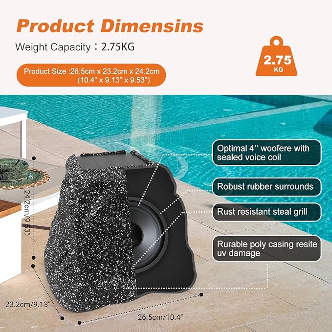 STUDIOFINIX 4" Outdoor Rock Speaker Waterproof Bluetooth Wireless Solar Powered with Rechargeable Battery for Patio, Deck, Pool, Garden(Single, Gray)