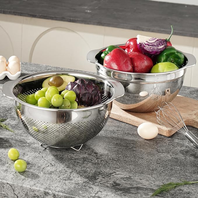 18/8 Stainless Steel Microwell Colander, 3.5QT Large Capacity with Handle Kitchen Food Strainer Basket for Washing Vegetables, Fruits, Rice, and Pasta (primary colour, 3.5QTColander+3.5QT Mixing bowl)