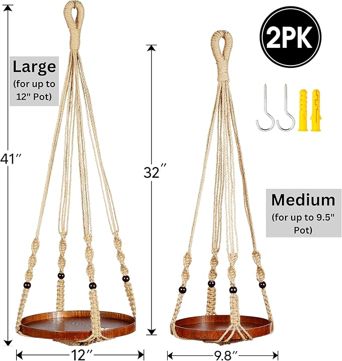 2 Pack Macrame Plant Hanger | Plant Hanger Indoor, Hanging Planter Shelf | Hanging Planter (Jute) (1 Large + 1 Medium)