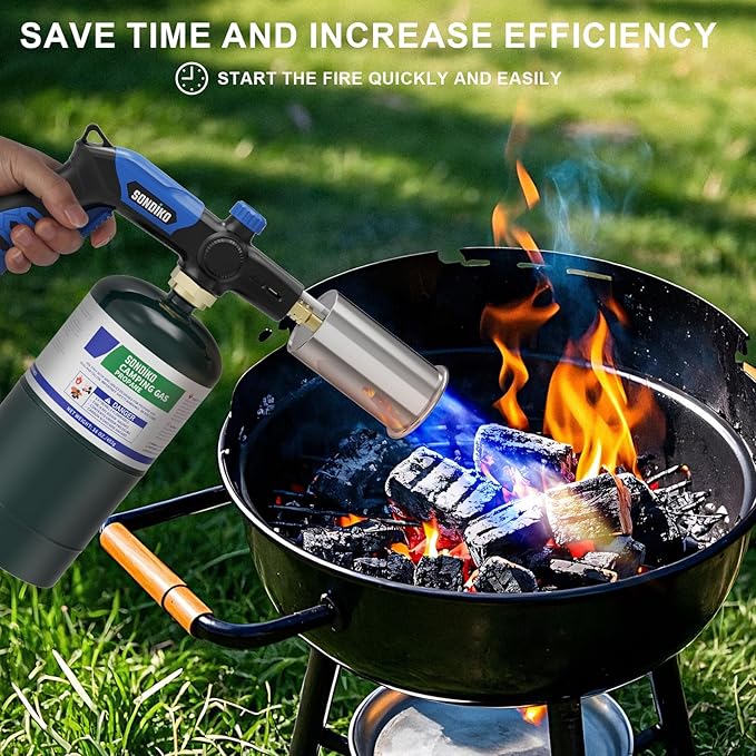 Sondiko Powerful Grill & Cooking Propane Torch L8010, Sous Vide, Campfire Starter, Adjustable Wood Torch Burner for Searing Steak, BBQ, Welding(Blue & Black) Propane Tank Not Included